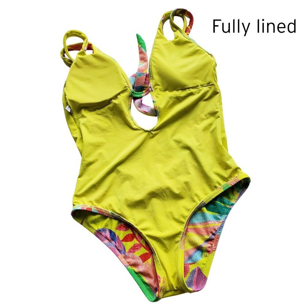 Becca Rebecca Virtue Costa Bella Yellow Tropical Print Plunge One Piece Swimsuit - Picture 5 of 16